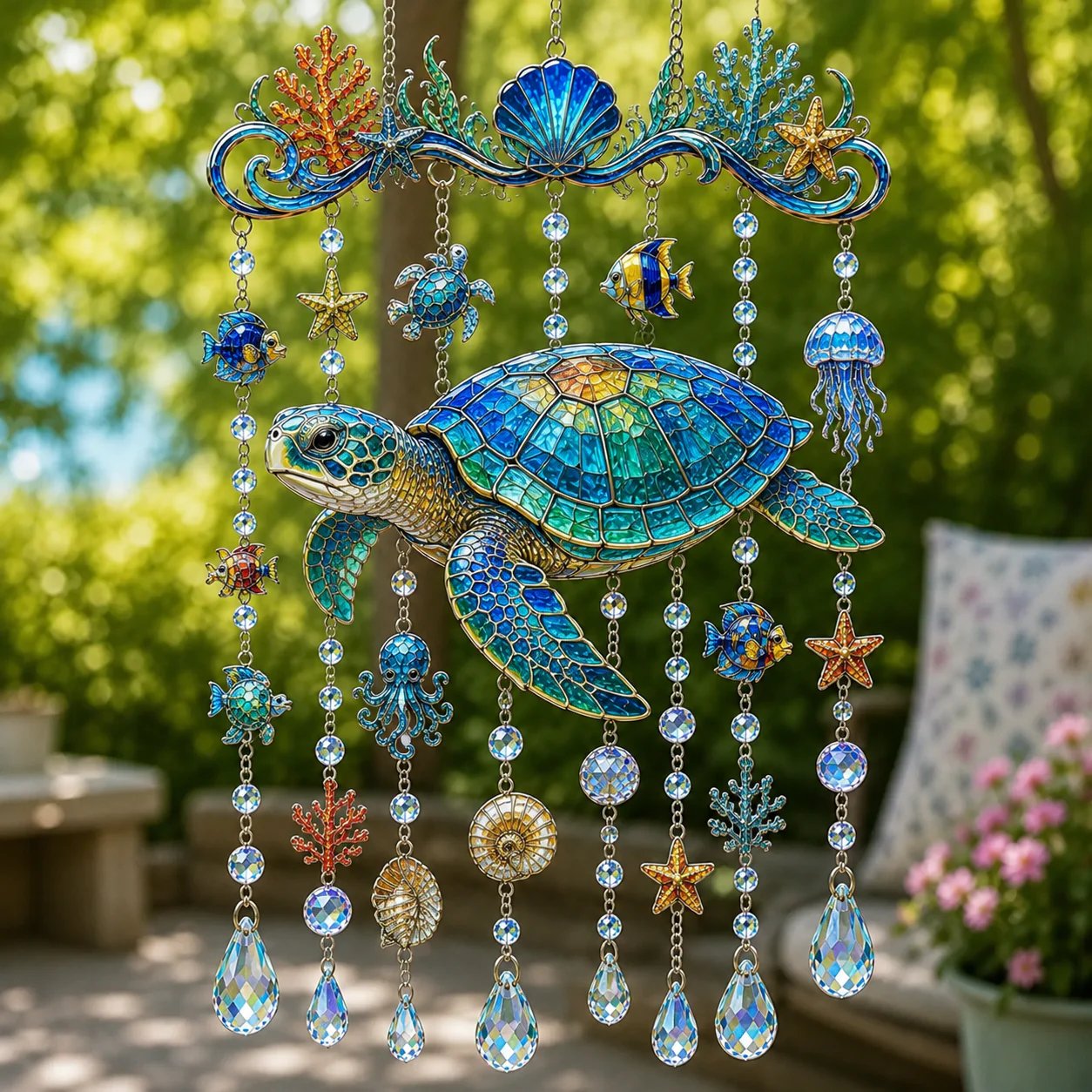 🔥🐋🐢🐬Ocean-Themed Crystal Wind Chime – 🌊Bring the Ocean Glow to Your Garden