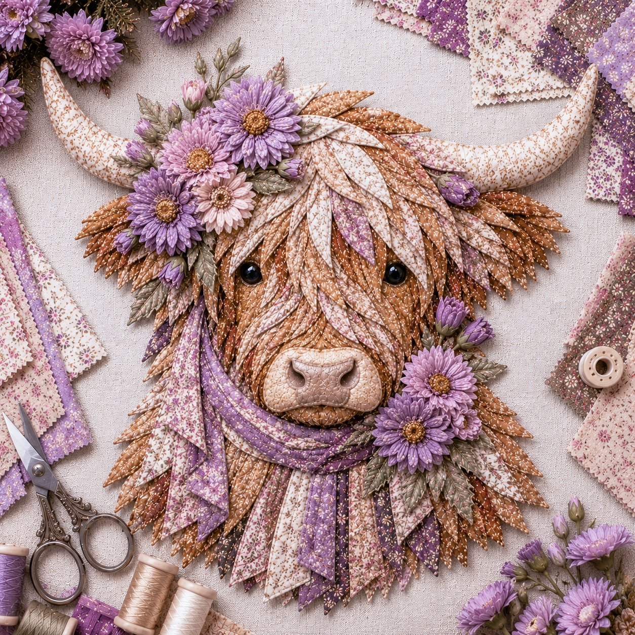 🐮💐🌸 Birth Flower Highland Cow 3D Layered Fabric Art DIY Kit (Beginner-friendly) 🔥 Buy 2 Free Shipping