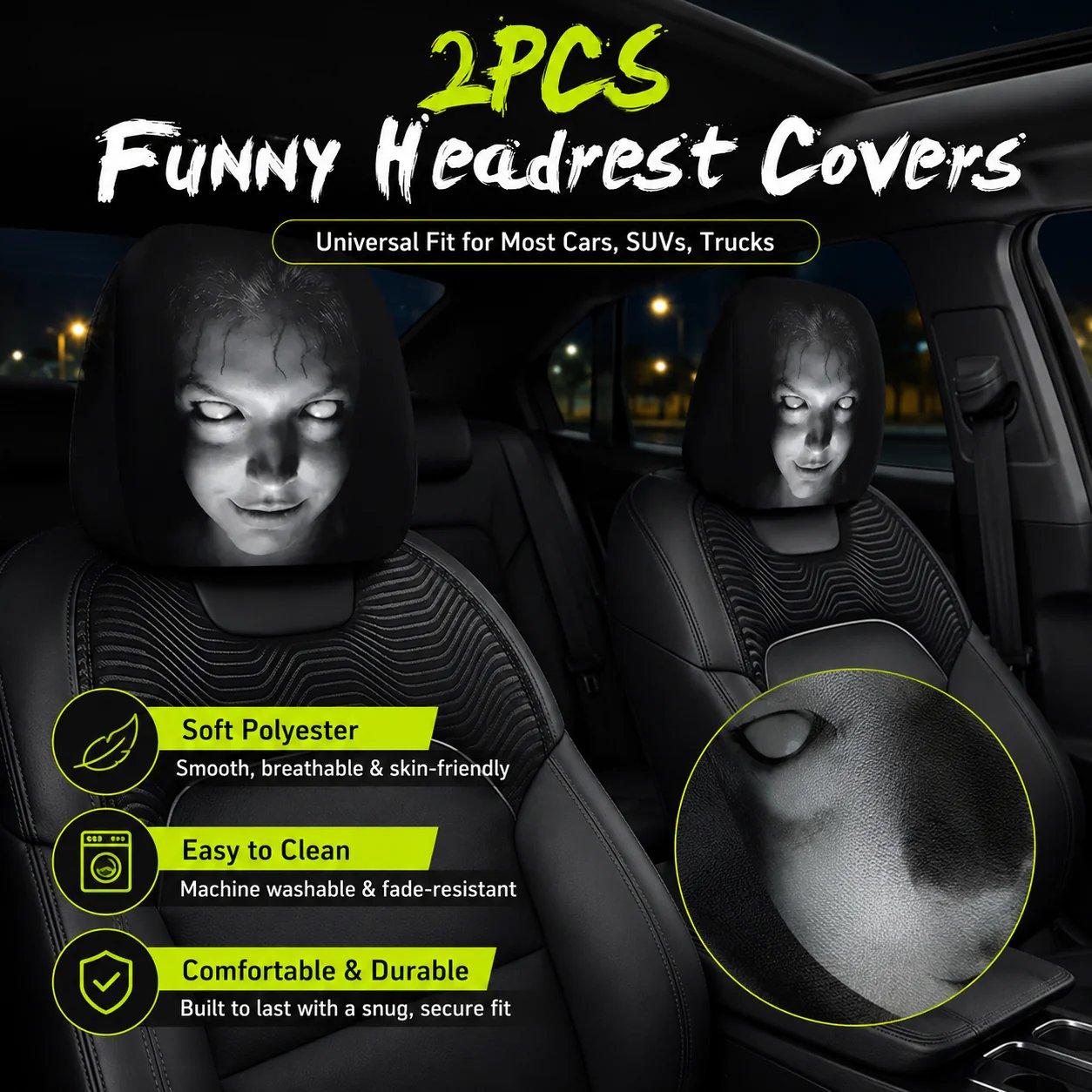 🔥😆 Funny Cartoon Car Headrest Covers – 2PCS Universal Fit 🚗