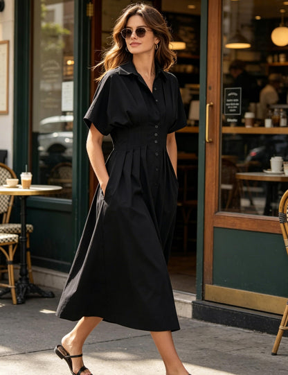 Shirt Dress for Women Summer Casual Short Sleeve Button Down Loose Pleated Maxi Sundress with Pockets