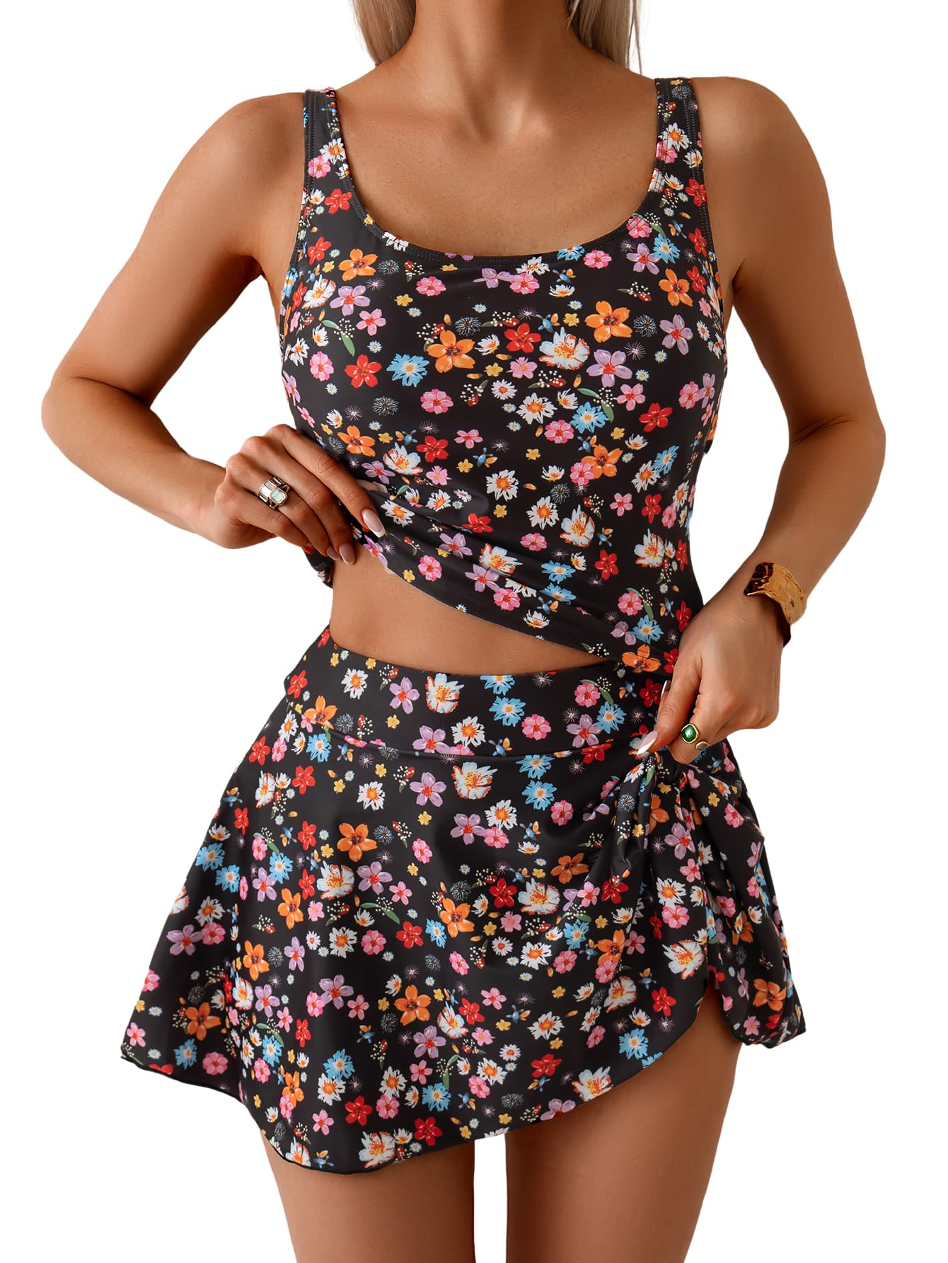 NEW IN ✨Women's Tummy Control Two Piece Swimsuit High Waisted Tank Top with Swim Skirt