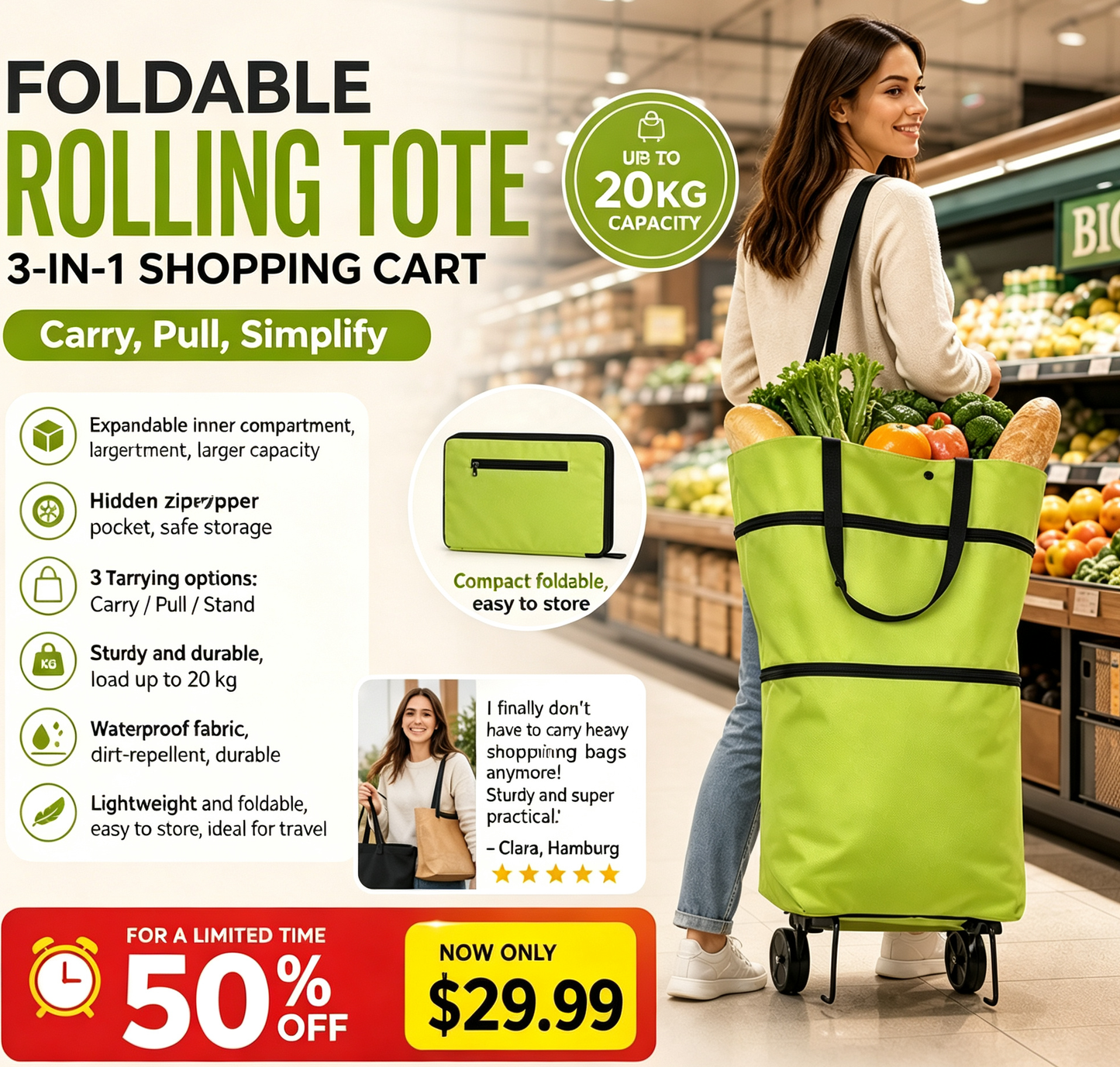🛍️✨ Convertible shopping tote – hides wheels, holds 20kg, expands with zipper!