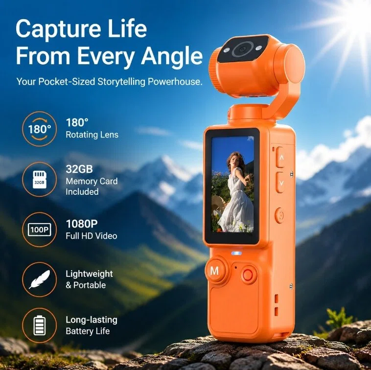 🎥 Upgraded Vlogging Camera – 180° Rotating Lens, Full-Body Video Recorder for Travel, Daily Life & Content Creation