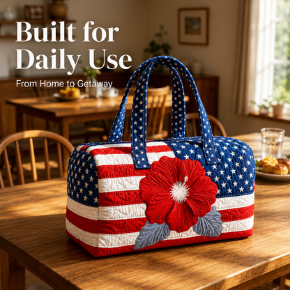 🔥Limited time 55% OFF 🇺🇸🧵 Handcrafted Patriotic Quilted Tote Bag – 3D Floral American Flag Travel Duffel