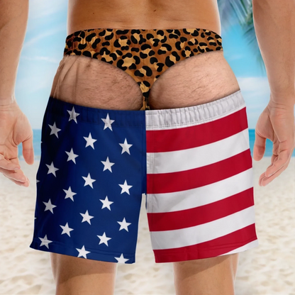 Funny Patriotic Men's Swim Trunks – Personalized "Warning: Wide Load" Beach Shorts