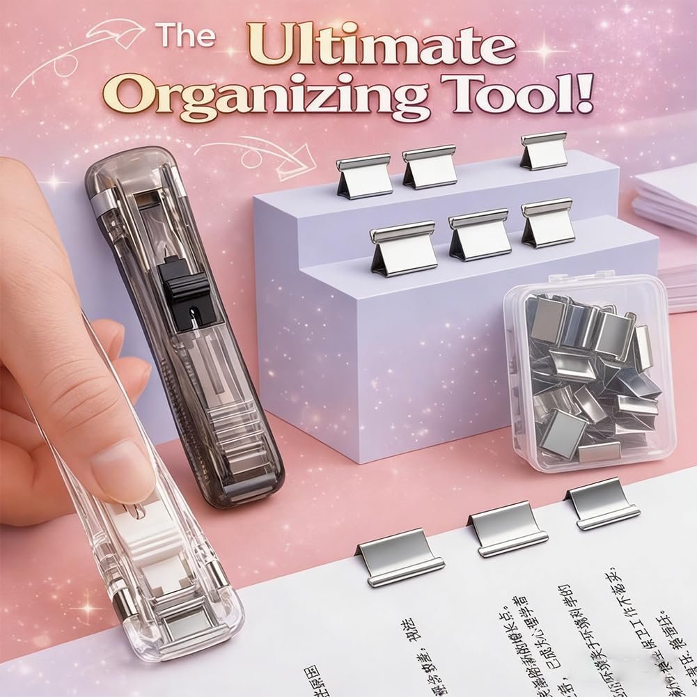 2 Pcs Portable Binder Clip Stapler, with 100 Pcs Small Binder Clips, Non-Destructive Paper Clam Dispenser for Office, Home, School