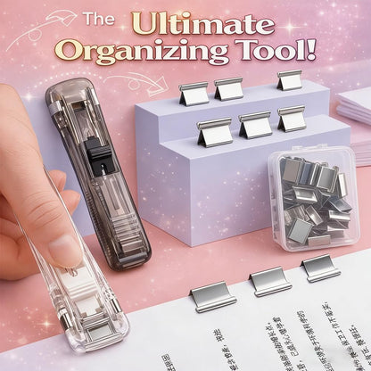 2 Pcs Portable Binder Clip Stapler, with 100 Pcs Small Binder Clips, Non-Destructive Paper Clam Dispenser for Office, Home, School