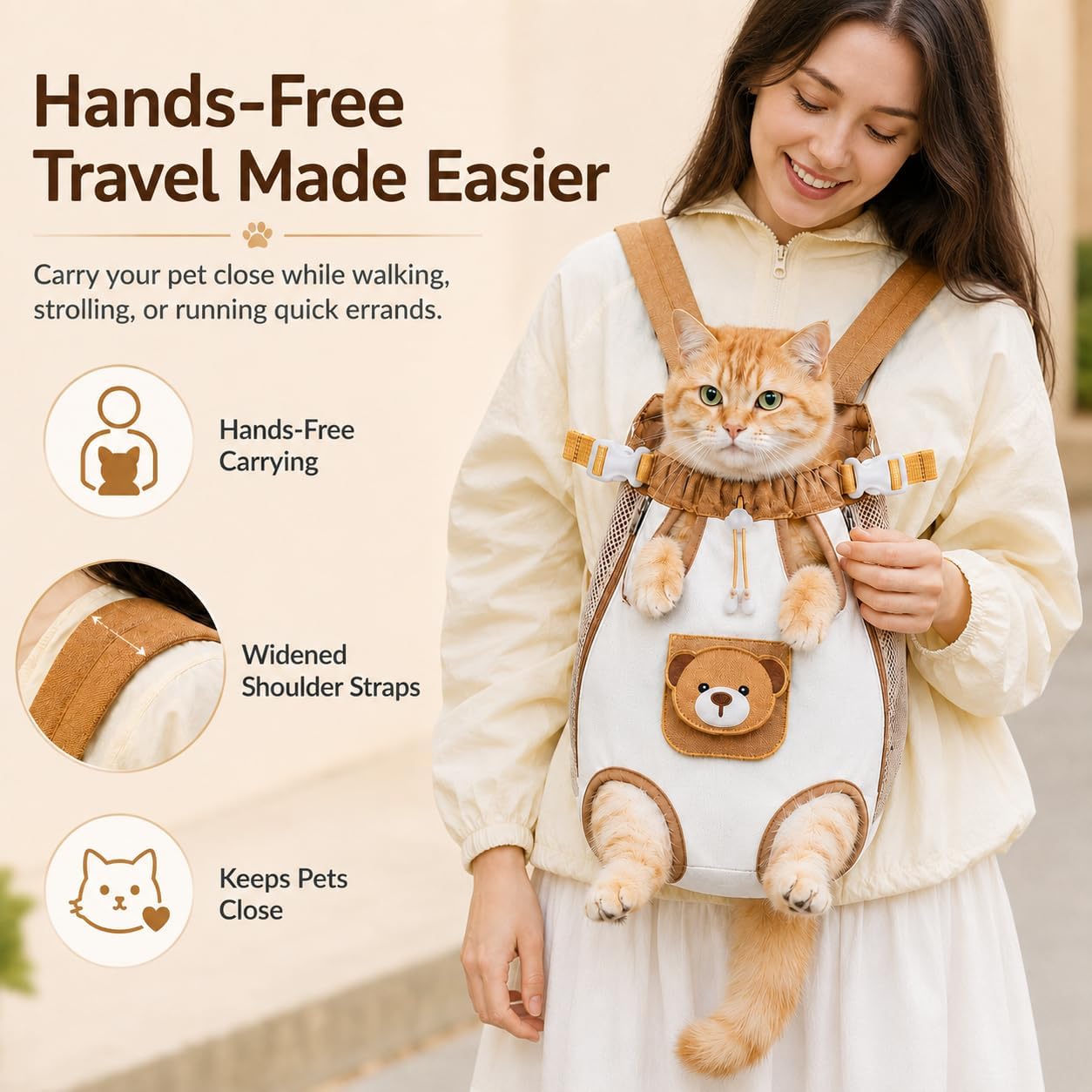 Cute Bear Design Front Pet Carrier Backpack, Breathable Adjustable Hands-Free Travel Chest Bag for Cats Small Dogs Walking Shopping Vet Visits