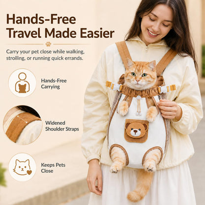 Cute Bear Design Front Pet Carrier Backpack, Breathable Adjustable Hands-Free Travel Chest Bag for Cats Small Dogs Walking Shopping Vet Visits