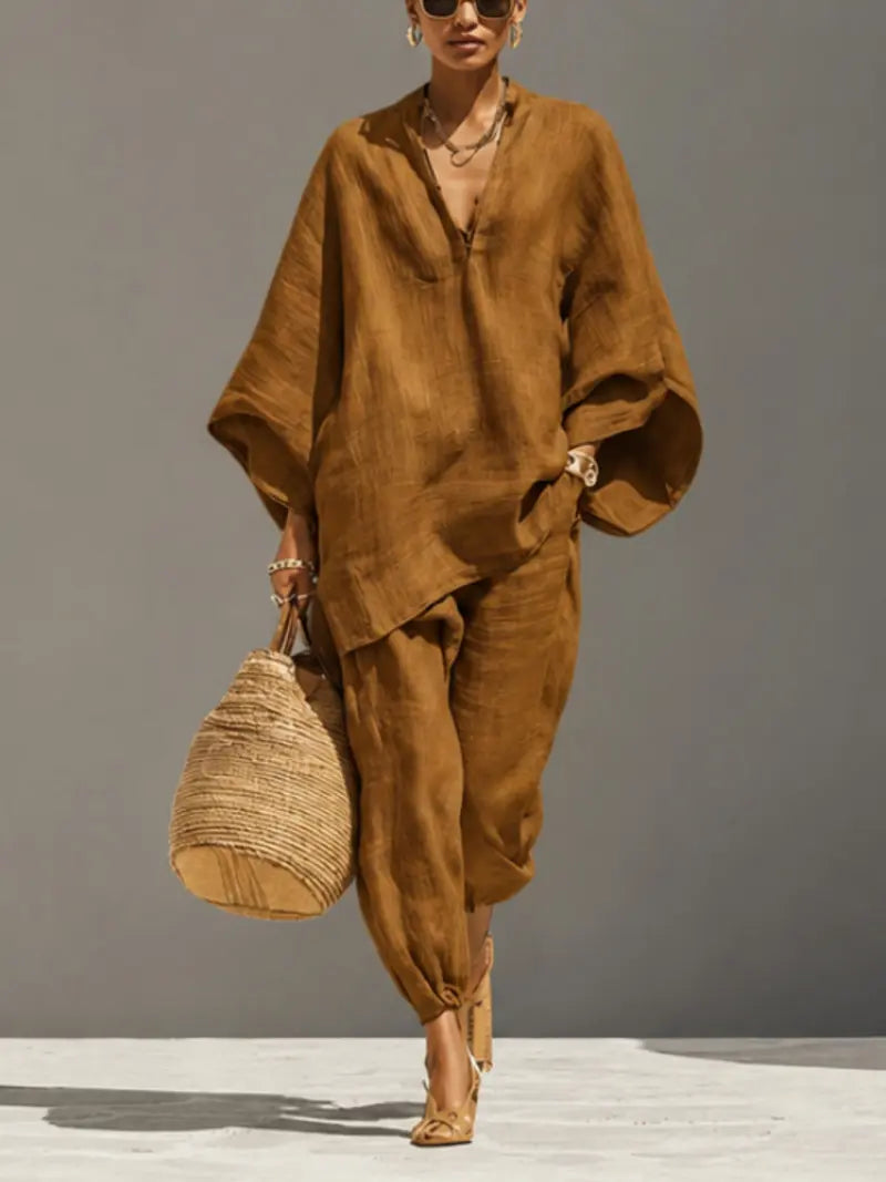 Women's Summer Loose Fit Solid Linen Deep V Neck Batwing Sleeve Pants Set