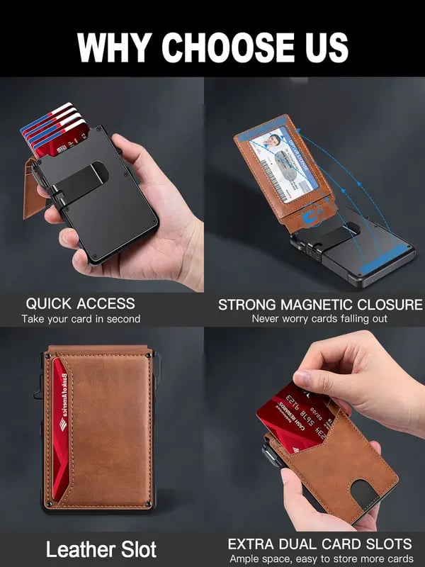 ⚡70K+ SOLD!-Wallet for Men - with Pop Up Aluminum Case Money Clip Slim Leather Slots Credit Card Holder RFID Blocking Bifold Minimalist Wallet