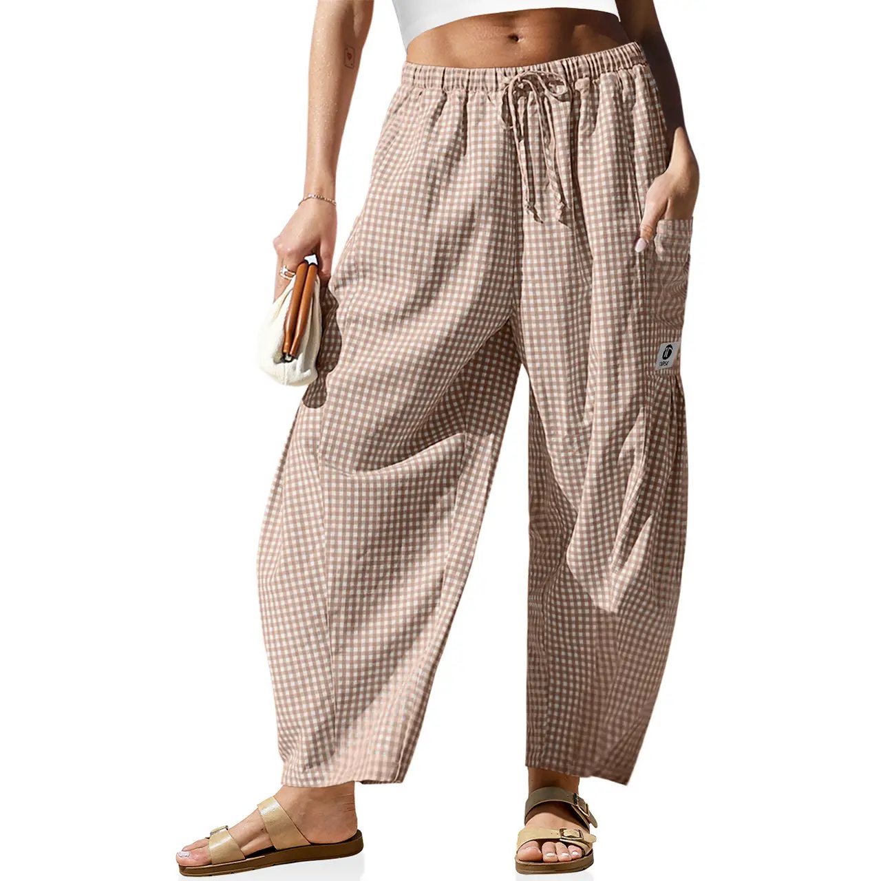 Womens Wide Leg Gingham Striped Plaid Pants Casual Barrel Loose Drawstring Low Waist Palazzo Harem Pants with Pockets