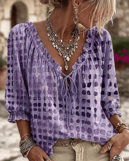 Women 3/4 Sleeve V-Neck Polka Dot Lace Up Blouse