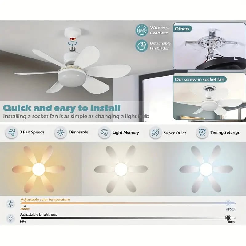 🎁 2-in-1 Portable Ceiling Fan with Light (Includes Remote Control)