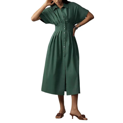 Shirt Dress for Women Summer Casual Short Sleeve Button Down Loose Pleated Maxi Sundress with Pockets