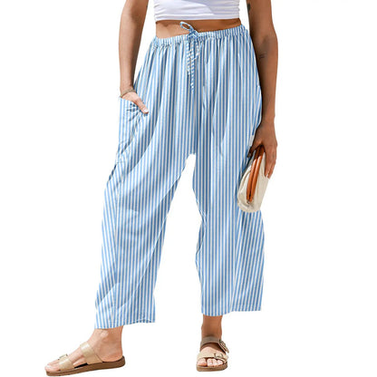 Womens Wide Leg Gingham Striped Plaid Pants Casual Barrel Loose Drawstring Low Waist Palazzo Harem Pants with Pockets