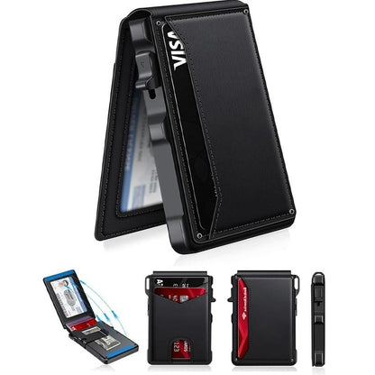 ⚡70K+ SOLD!-Wallet for Men - with Pop Up Aluminum Case Money Clip Slim Leather Slots Credit Card Holder RFID Blocking Bifold Minimalist Wallet