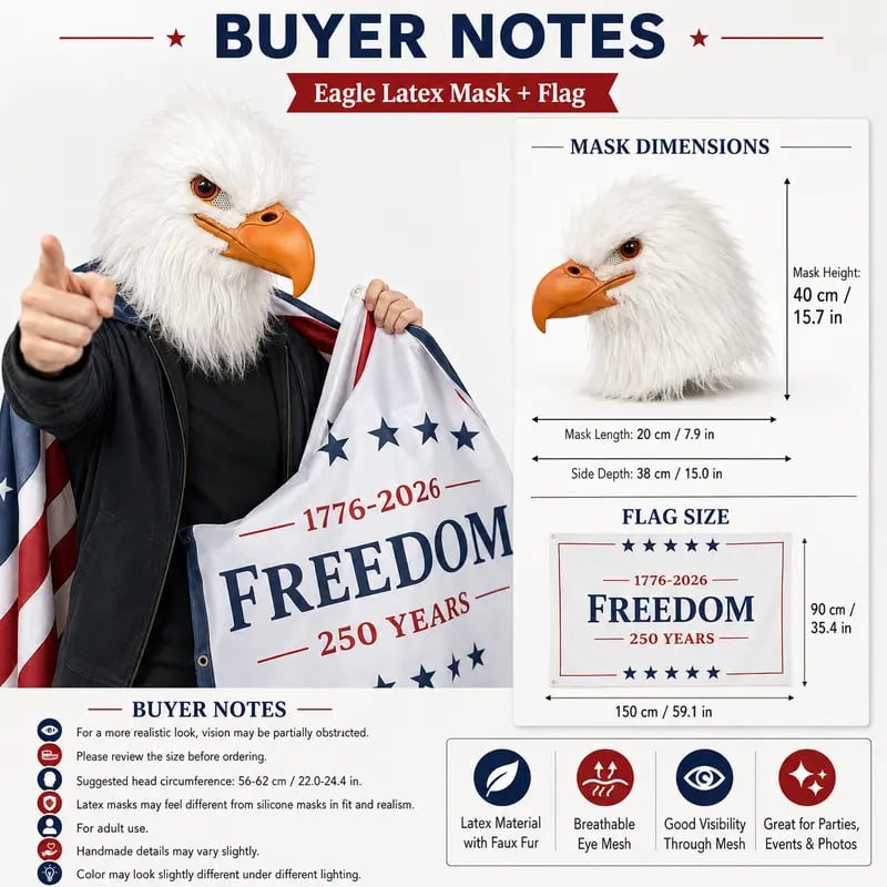 🔥Last Day 50% OFF - 🦅 Bald Eagle Latex Mask & Freedom Flag Set – Unleash Your Patriotic Spirit! 🇺🇸🎉