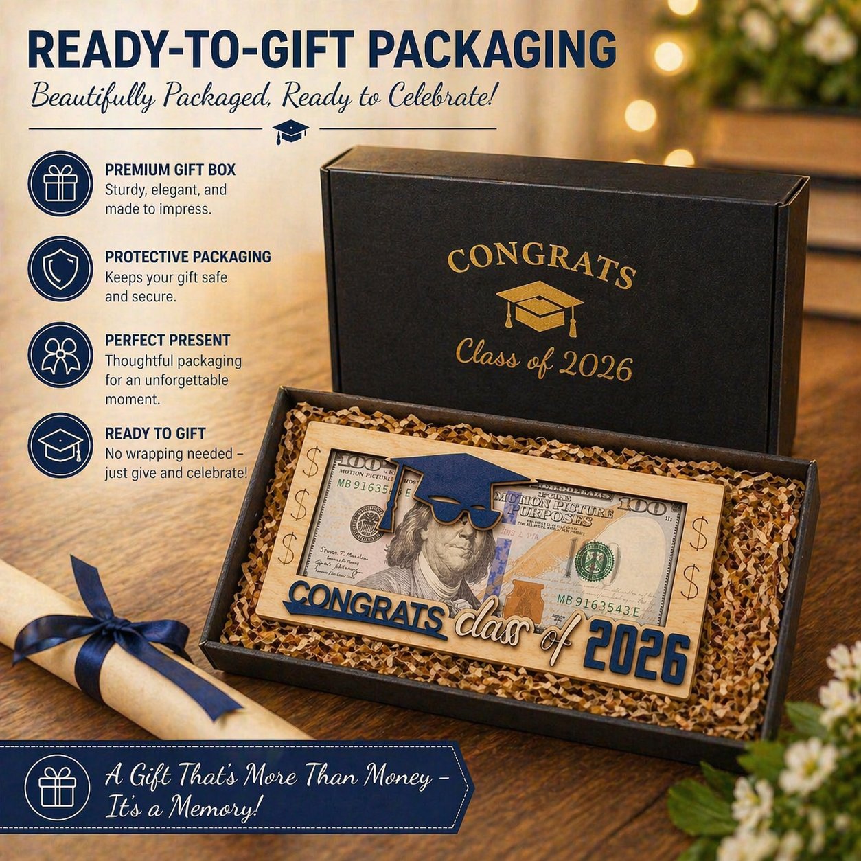 Graduation 2026 Money Holder-Unique Wooden Cash Gift Box for Class of 2026, Creative Graduation Gift for Seniors