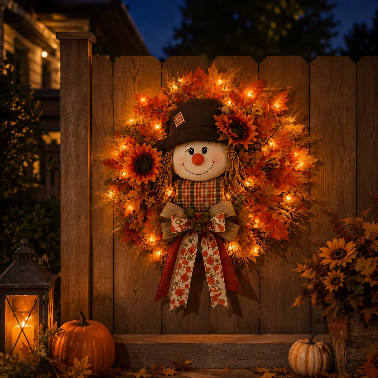 🍂🌻Lighted Scarecrow Fall Wreath for Front Door