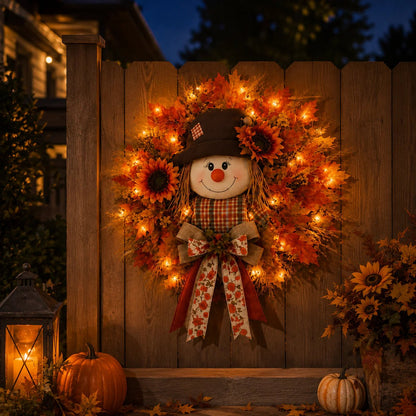 🍂🌻Lighted Scarecrow Fall Wreath for Front Door