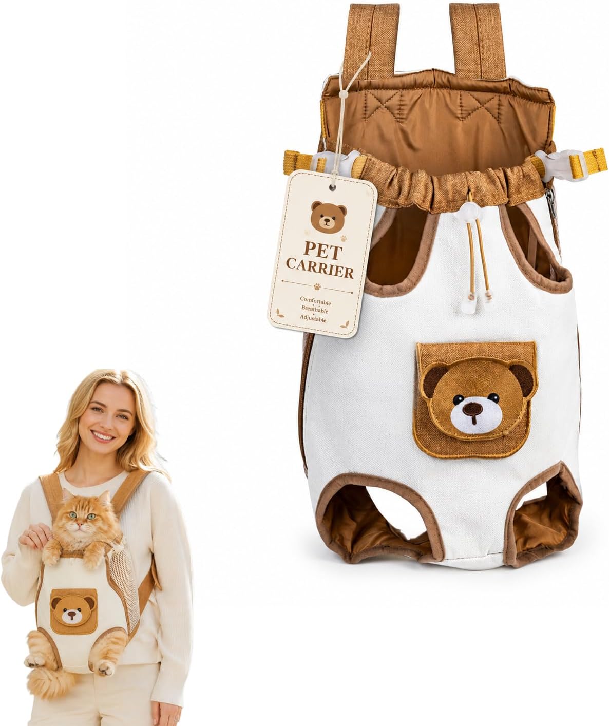 Cute Bear Design Front Pet Carrier Backpack, Breathable Adjustable Hands-Free Travel Chest Bag for Cats Small Dogs Walking Shopping Vet Visits