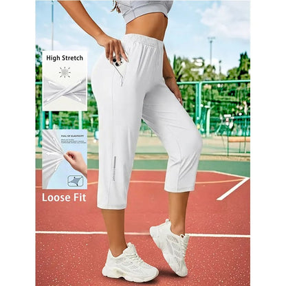 Women’s Capri Pants – Loose Fit, Summer Drawstring Waist, Zipper Pockets, Breathable High-Stretch Fabric, Suitable for Everyday Wear