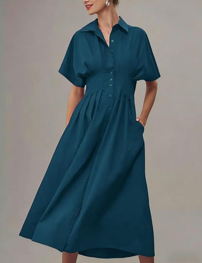 Shirt Dress for Women Summer Casual Short Sleeve Button Down Loose Pleated Maxi Sundress with Pockets