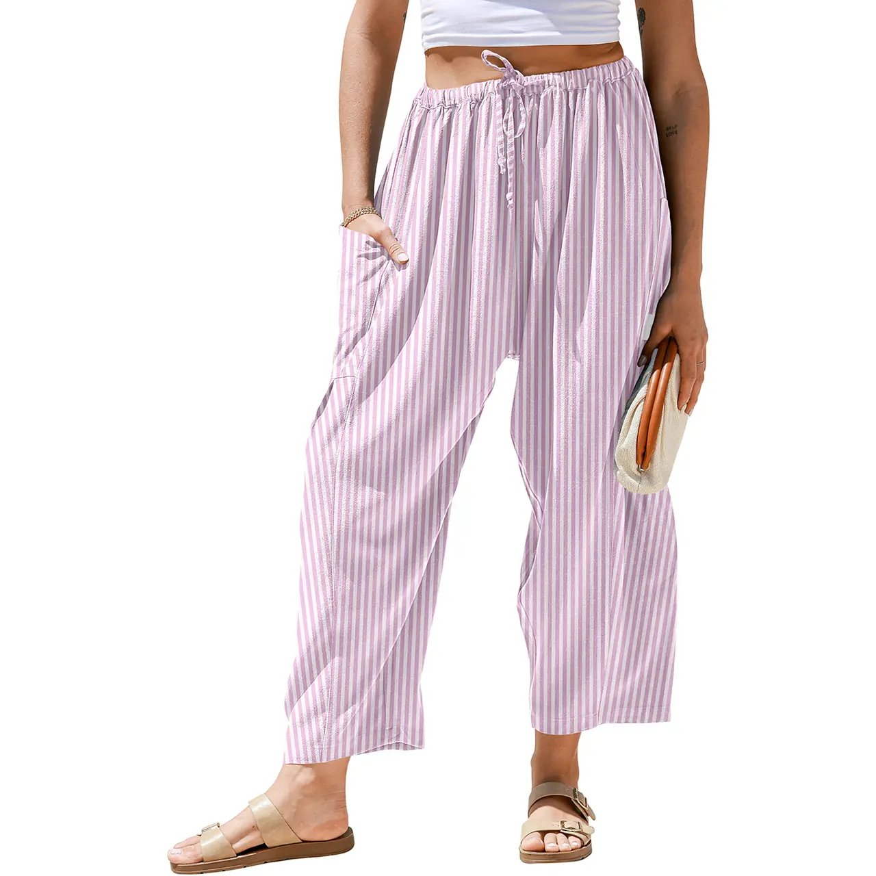 Womens Wide Leg Gingham Striped Plaid Pants Casual Barrel Loose Drawstring Low Waist Palazzo Harem Pants with Pockets