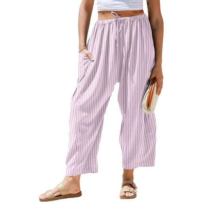 Womens Wide Leg Gingham Striped Plaid Pants Casual Barrel Loose Drawstring Low Waist Palazzo Harem Pants with Pockets