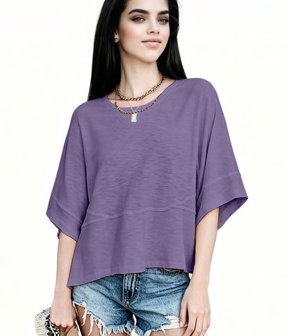 Women's Summer Casual Crewneck Batwing Half Sleeve T-Shirts Solid Color Loose Fit Cute Basic Flowy Tops Tees Blouses