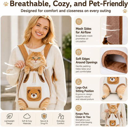 Cute Bear Design Front Pet Carrier Backpack, Breathable Adjustable Hands-Free Travel Chest Bag for Cats Small Dogs Walking Shopping Vet Visits
