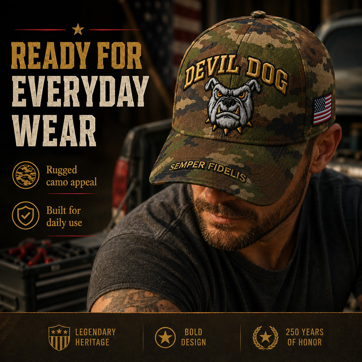 🔥 Father’s Day Sale - ❤️ Handmade Embroidered Devil Dog USMC 250th Birthday Commemorative Cap 🇺🇸