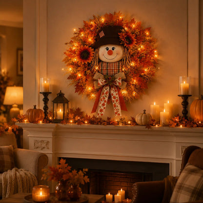 🍂🌻Lighted Scarecrow Fall Wreath for Front Door