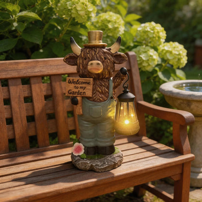Handcrafted Solar-Powered Scottish Highland Bull Garden Welcome Light