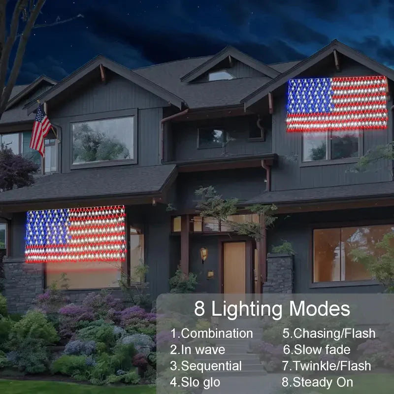 Solar American Flag Net Lights – Waterproof Outdoor LED Patriotic Decorations for 4th of July & Memorial Day