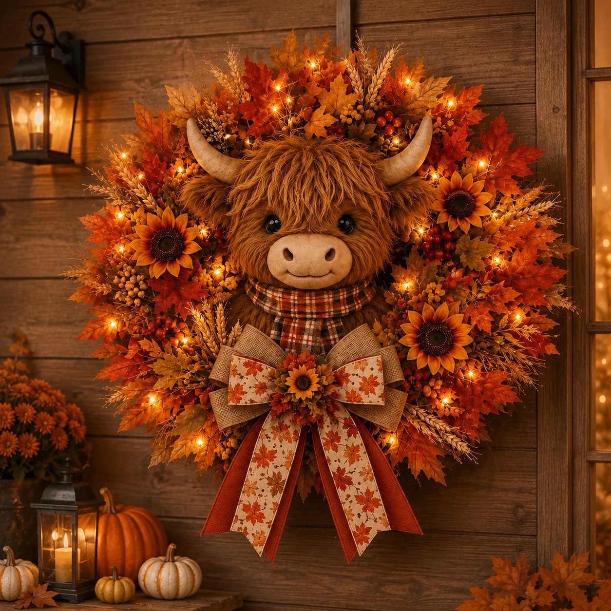 🍂🐮Autumn Highland cow wreath decoration with lights