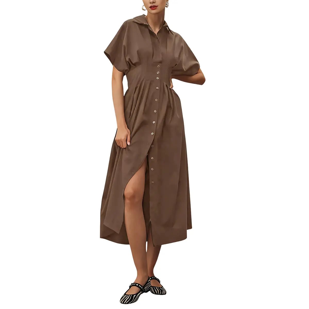 Shirt Dress for Women Summer Casual Short Sleeve Button Down Loose Pleated Maxi Sundress with Pockets