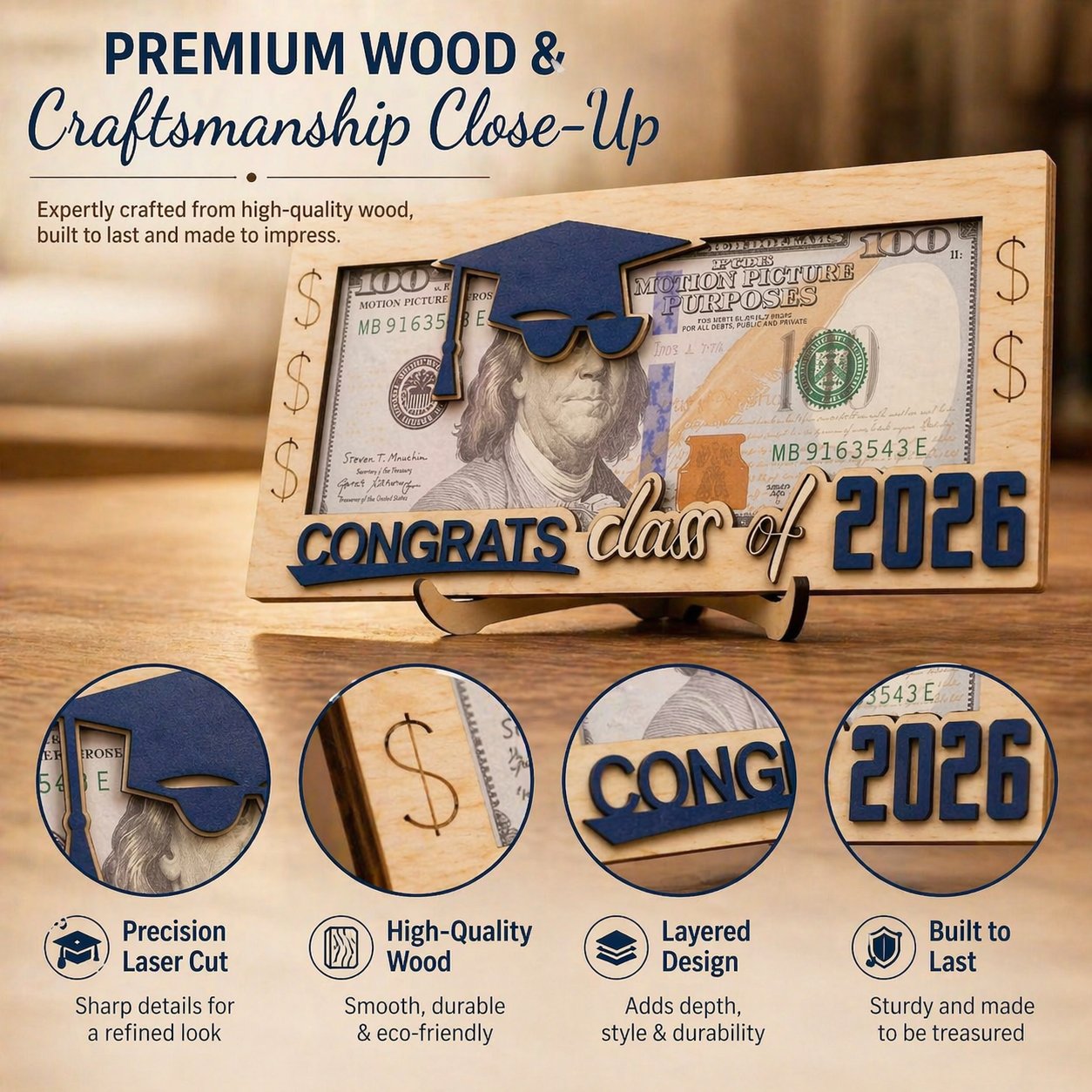 Graduation 2026 Money Holder-Unique Wooden Cash Gift Box for Class of 2026, Creative Graduation Gift for Seniors