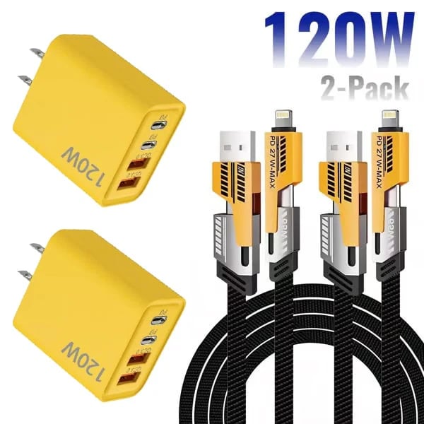 ⚡Buy 1 Get 1 Free(2 Pcs)🔥Portable Fast Charger, Type C/USB A Dual Ports Adapter,4 in 1 Fast Charging Cable & Data Sync