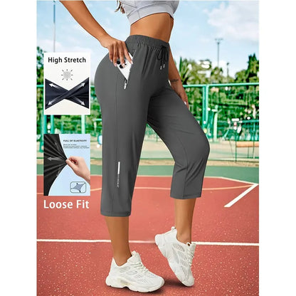 Women’s Capri Pants – Loose Fit, Summer Drawstring Waist, Zipper Pockets, Breathable High-Stretch Fabric, Suitable for Everyday Wear