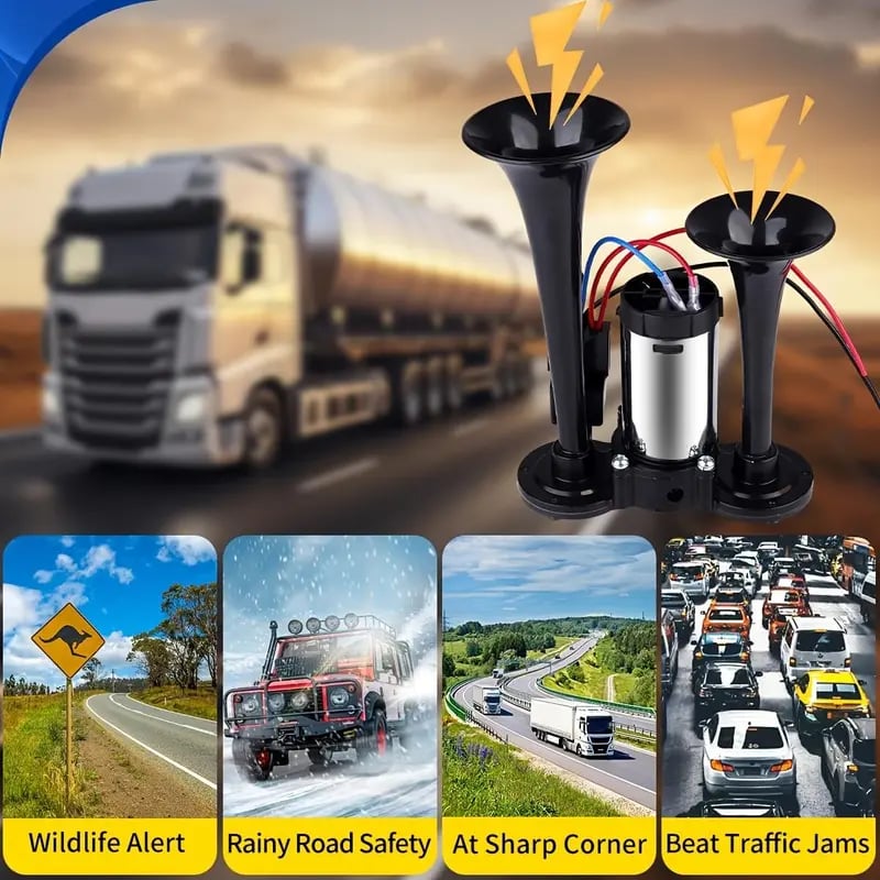 🔥LAST DAY 49% OFF - 🚗🔧2026 Upgraded 12V Dual Air Horn Kit – 130DB Super Loud Dual Horn with Compressor for Cars, Trucks, SUVs, Boats & More
