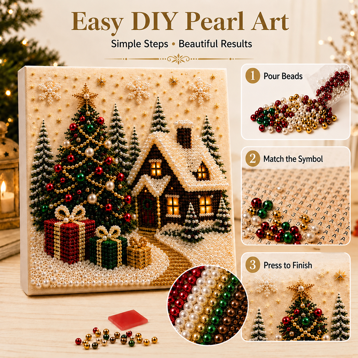 🎄🎅 Premium 3D Pearl Christmas Wall Art Kit | Luxury Flocked Canvas with Scratch-Resistant Non-Fading Pearl Beads DIY Holiday Decor ⛄️❄️