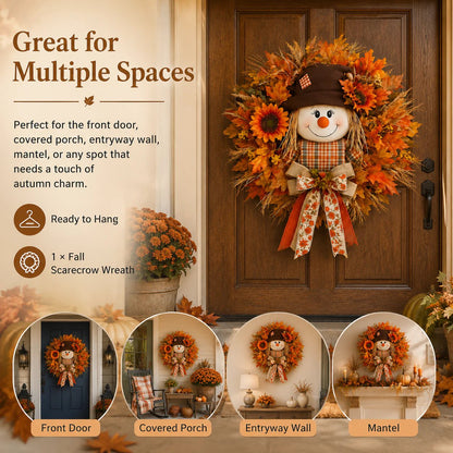 🍂🌻Lighted Scarecrow Fall Wreath for Front Door