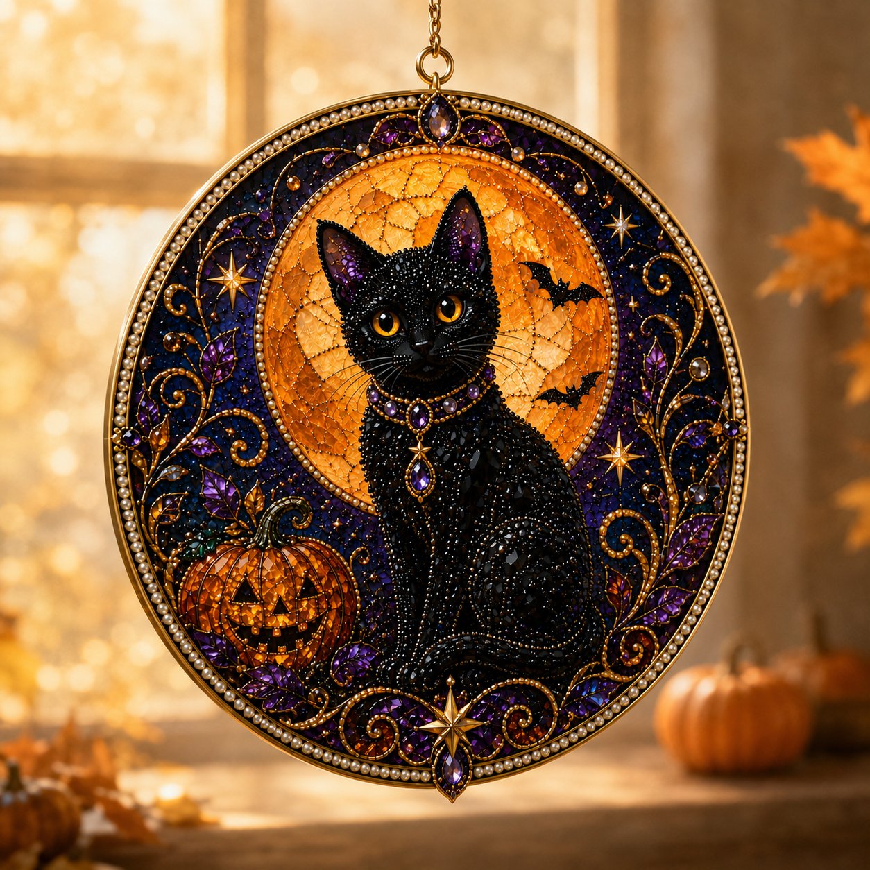 🌙🐈‍⬛ LAST DAY 49% OFF – ✨ Premium 3D Pearl Celestial Black Cat Window Hanging Kit | Luxury Flocked Canvas with Scratch-Resistant Non-Fading Pearl Beads DIY Handmade Moonlight Suncatcher Decor 🔮💎