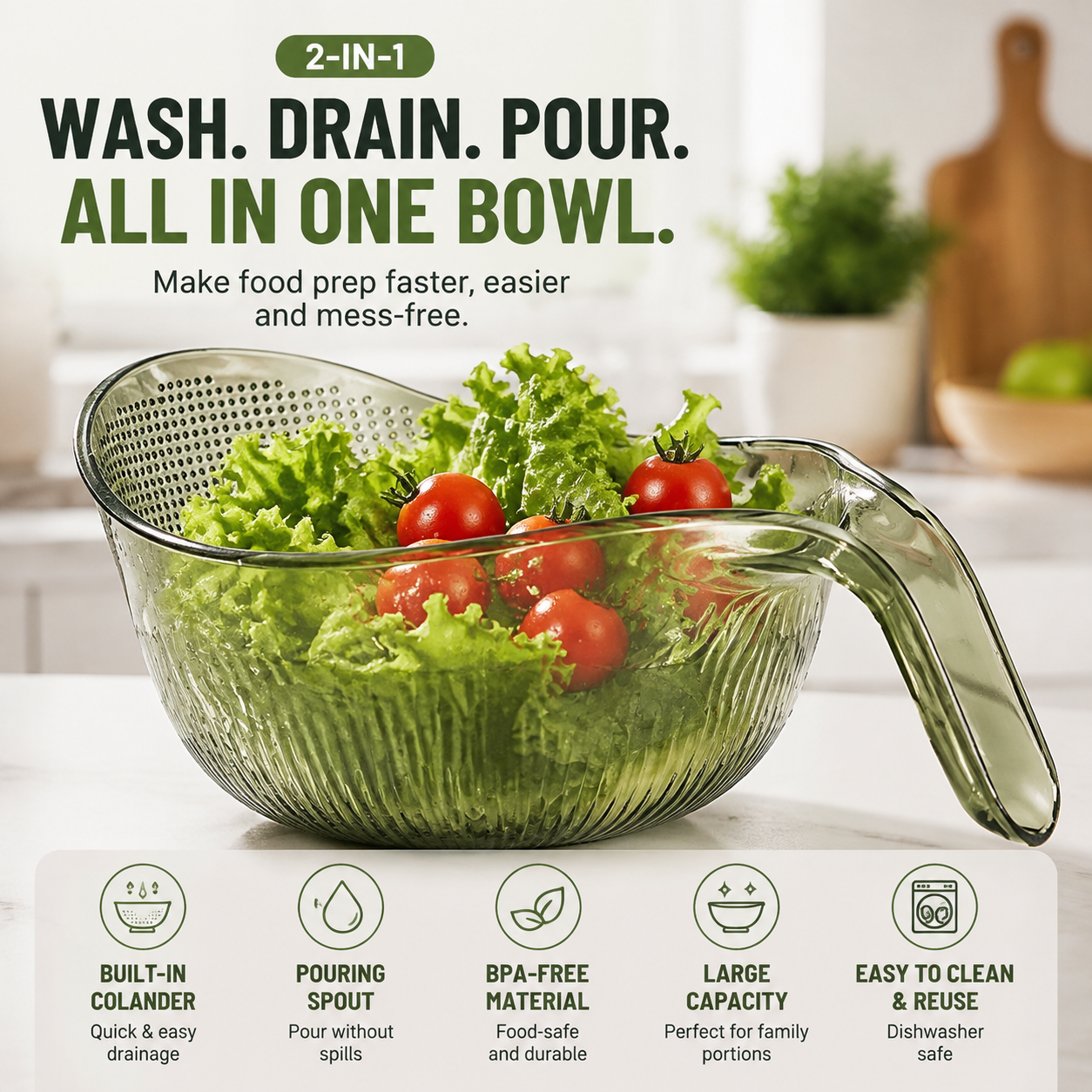 ✨ Smart Drain Kitchen Bowl – 2-in-1 Colander For Fruits, Vegetables, Rice & Pasta