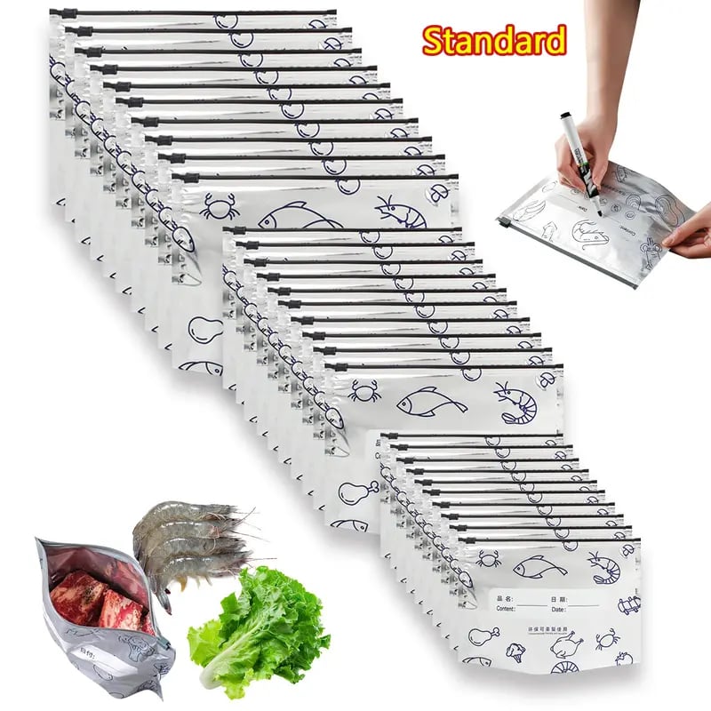 (30pcs )Reusable Aluminum Foil Sealable Storage Bags, 2026 New Resealable Vacuum Zipper Pouches for Food, Stand Up Foil Sealable Bags with Label and Zip Lock for Vegetable Fruit Meat