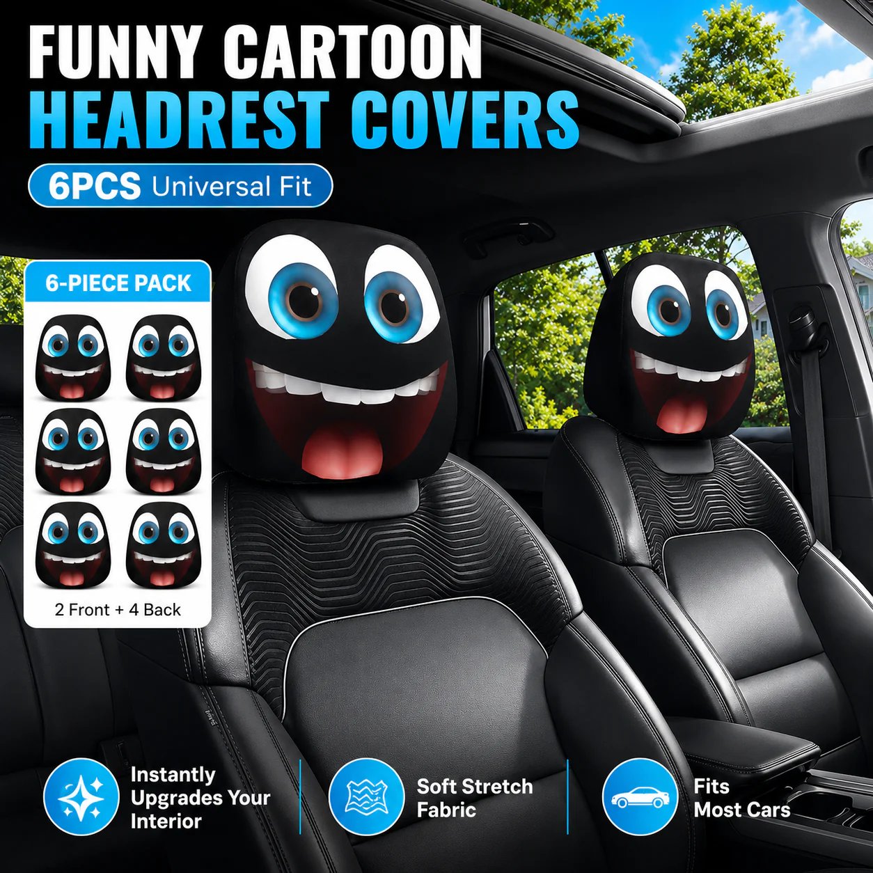 🔥😆 Funny Cartoon Car Headrest Covers – 2PCS Universal Fit 🚗