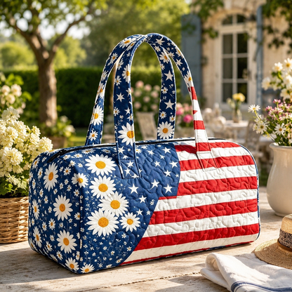 🔥Limited time 55% OFF 🇺🇸🧵 Handcrafted Patriotic Quilted Tote Bag – 3D Floral American Flag Travel Duffel