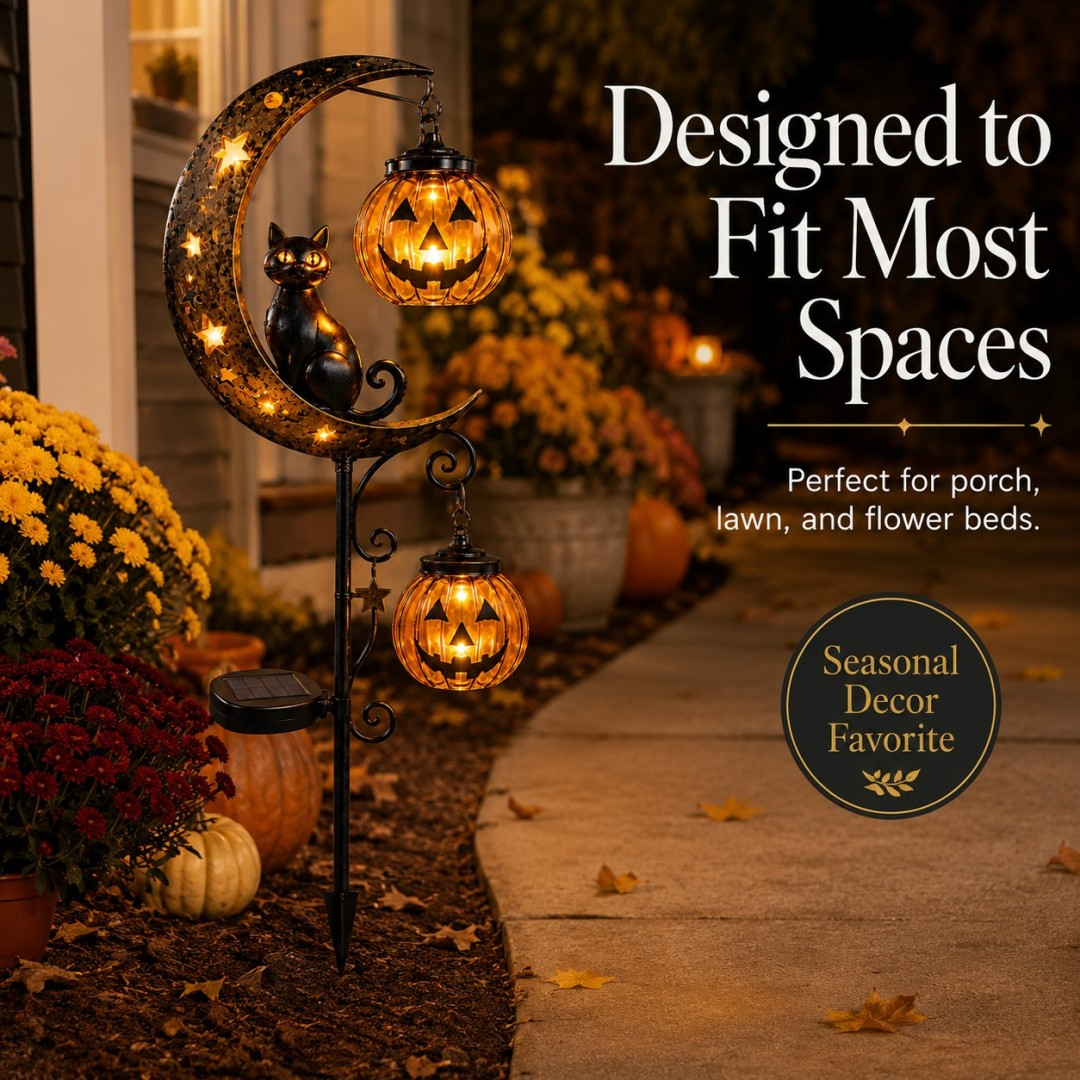 🔥 Get Ready for Spooky Season 🎃 Solar Black Cat Moon Pumpkin Outdoor stake Light ✨